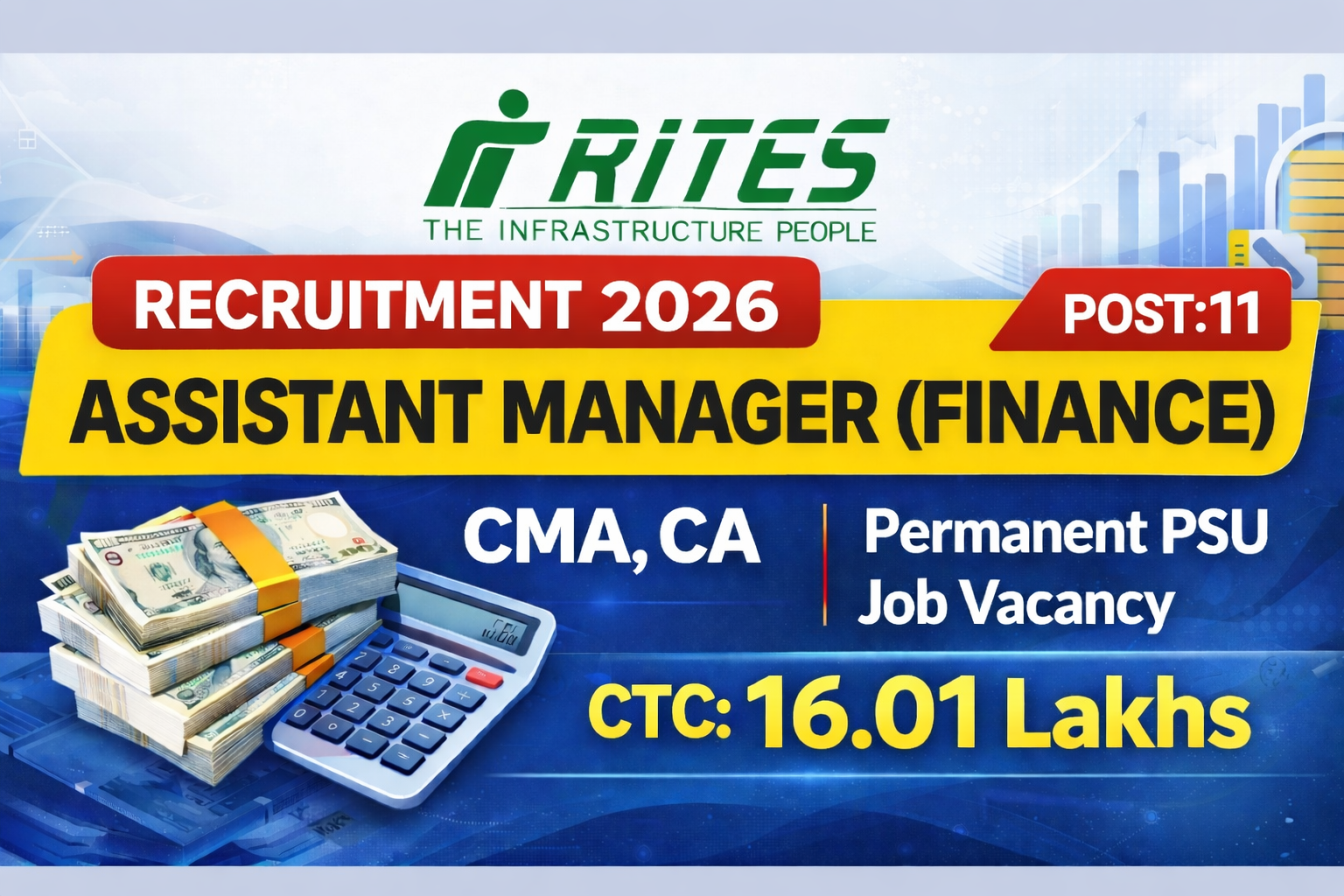 RITES Recruitment 2026 Assistant Manager Finance | 11 Vacancies | Salary ₹16 LPA | Apply Online