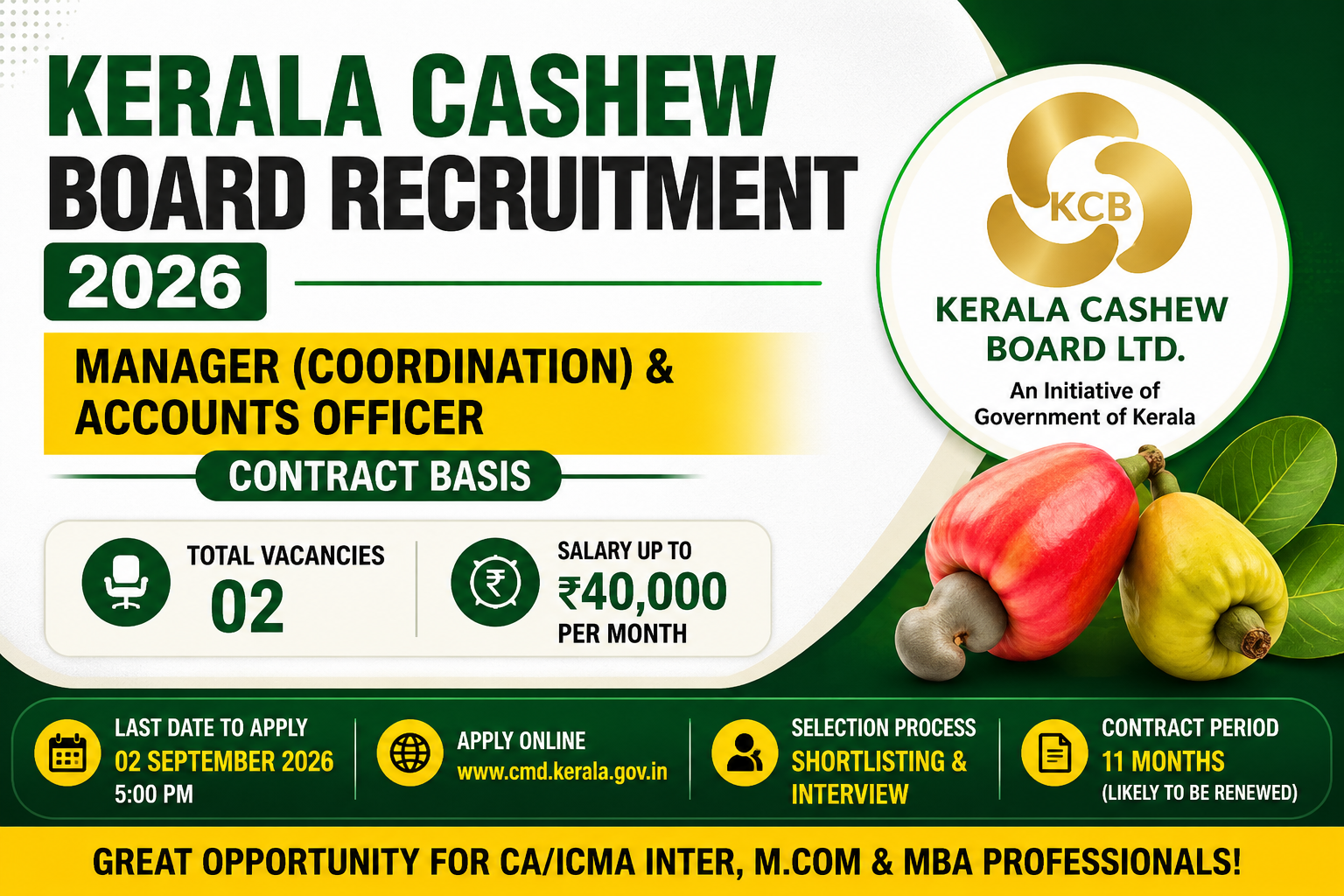 Kerala Cashew Board Recruitment 2026: Accounts Officer & Manager Vacancy, Eligibility, Salary, Apply Online