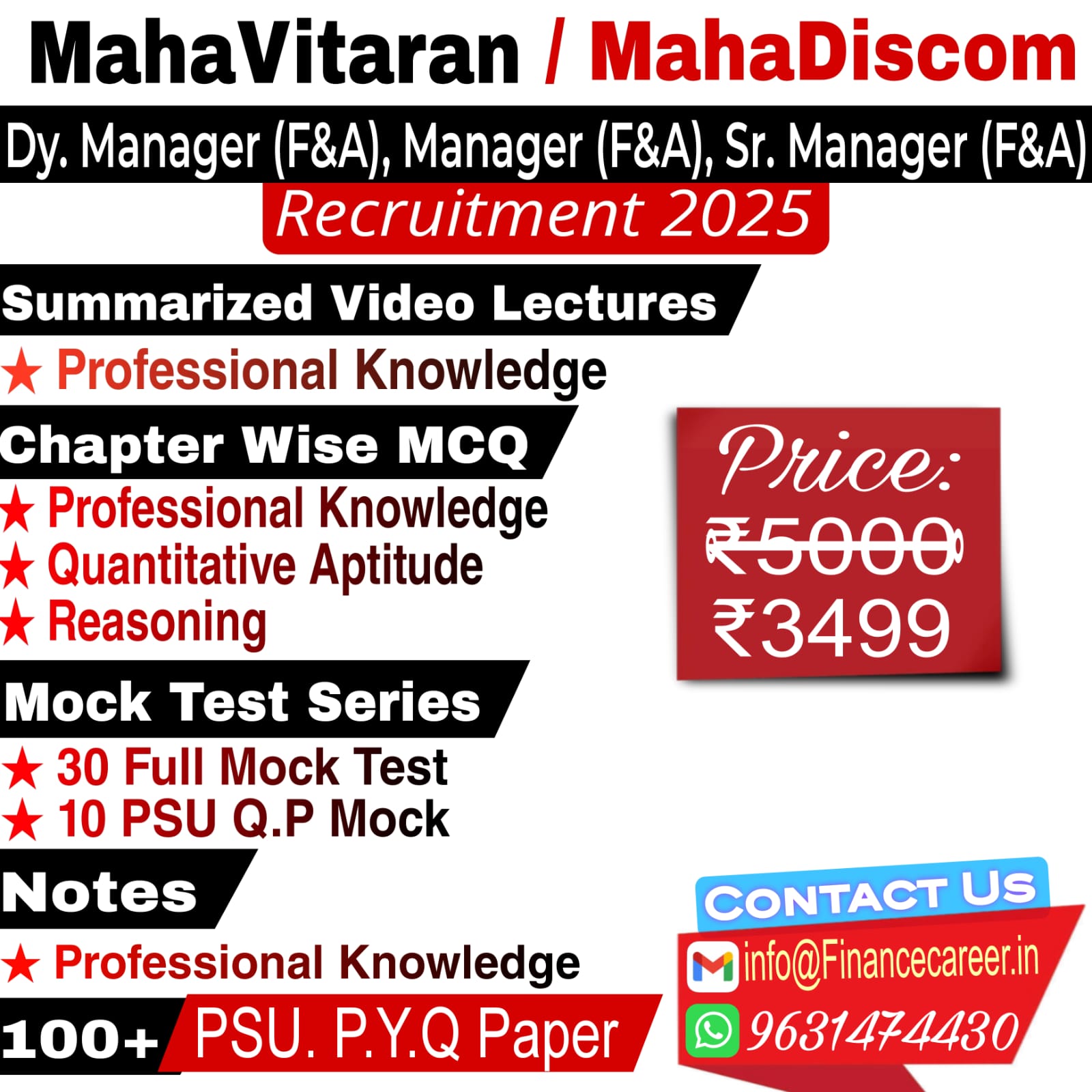 MahaVitaran/MahaDiscom Deputy Manager (F&A), Senior Manager (F&A), Manager (F&A) Video Lectures, Chapter Wise MCQ, Notes, Mock Test & PSU Previous Year Question Paper (e-book) 2025