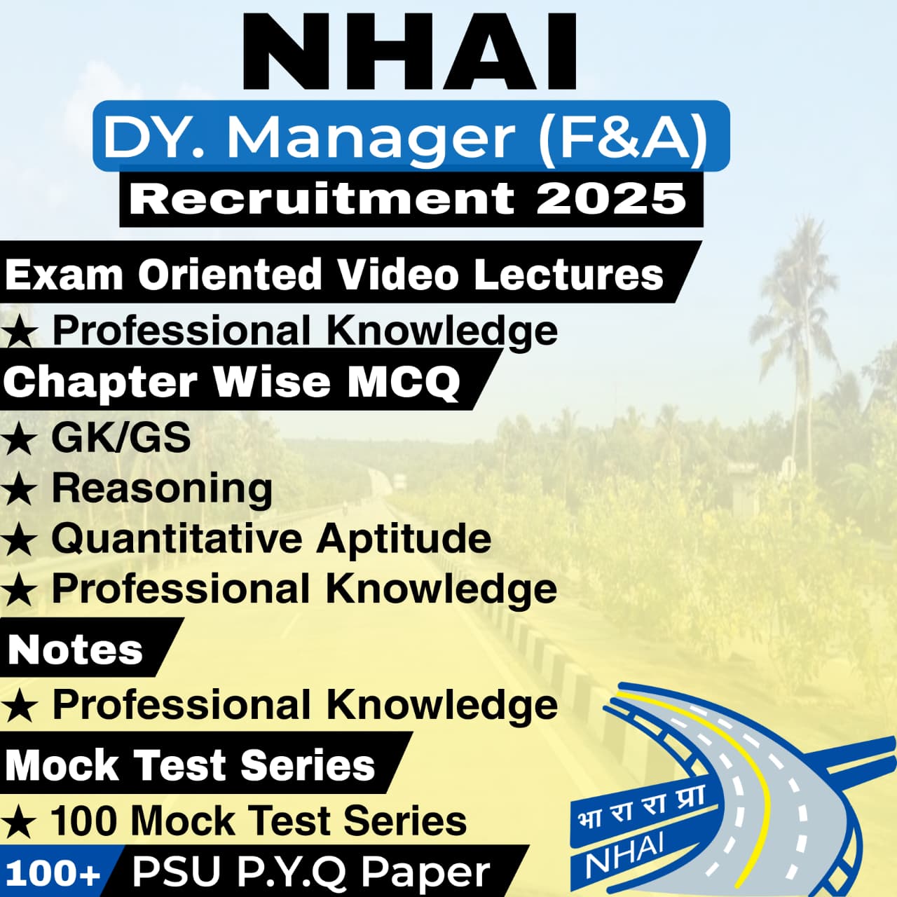 NHAI Dy. Manager (Finance & Accounts) Video Lectures, MCQs, Notes, Mock Tests & Previous Year Question Papers
