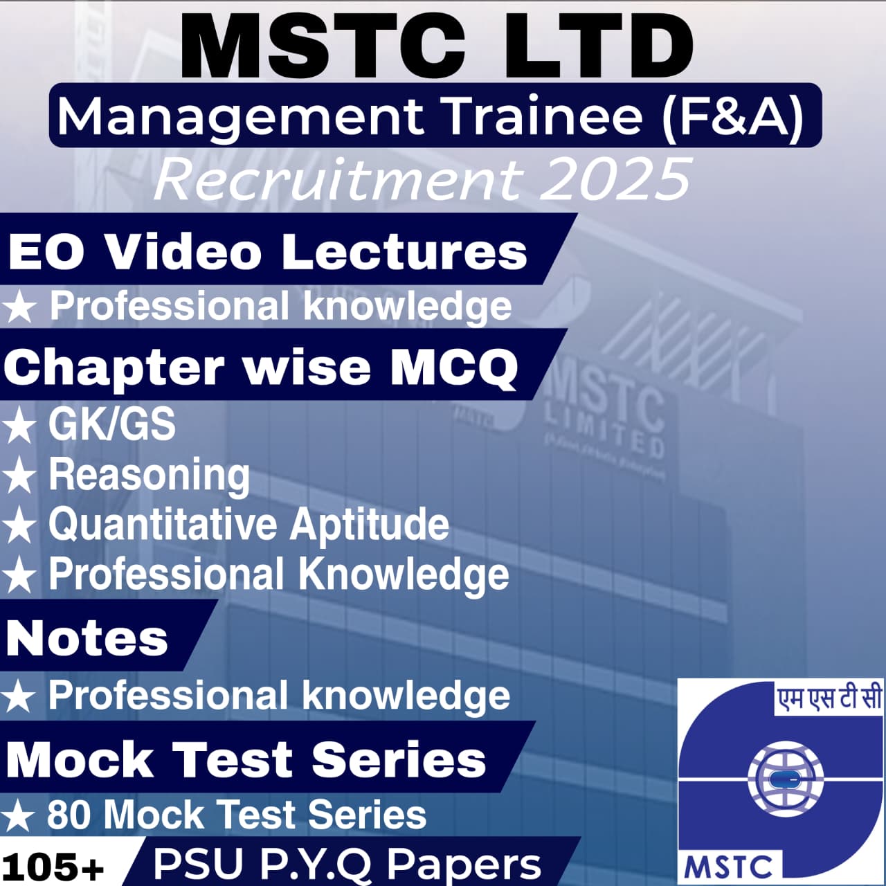 MSTC MT (Finance & Accounts) Video Lectures, MCQs, Notes, Mock Tests & Previous Year Question Papers (e-book) 2025