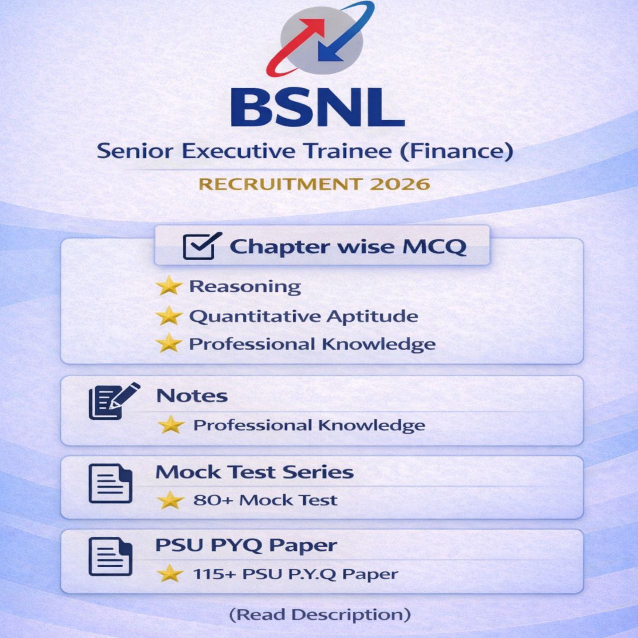 BSNL Senior Executive Trainee Finance Recruitment 2026 Chapter Wise MCQs, Notes, Mock Test & Previous Year Question Papers (e-book) 2026