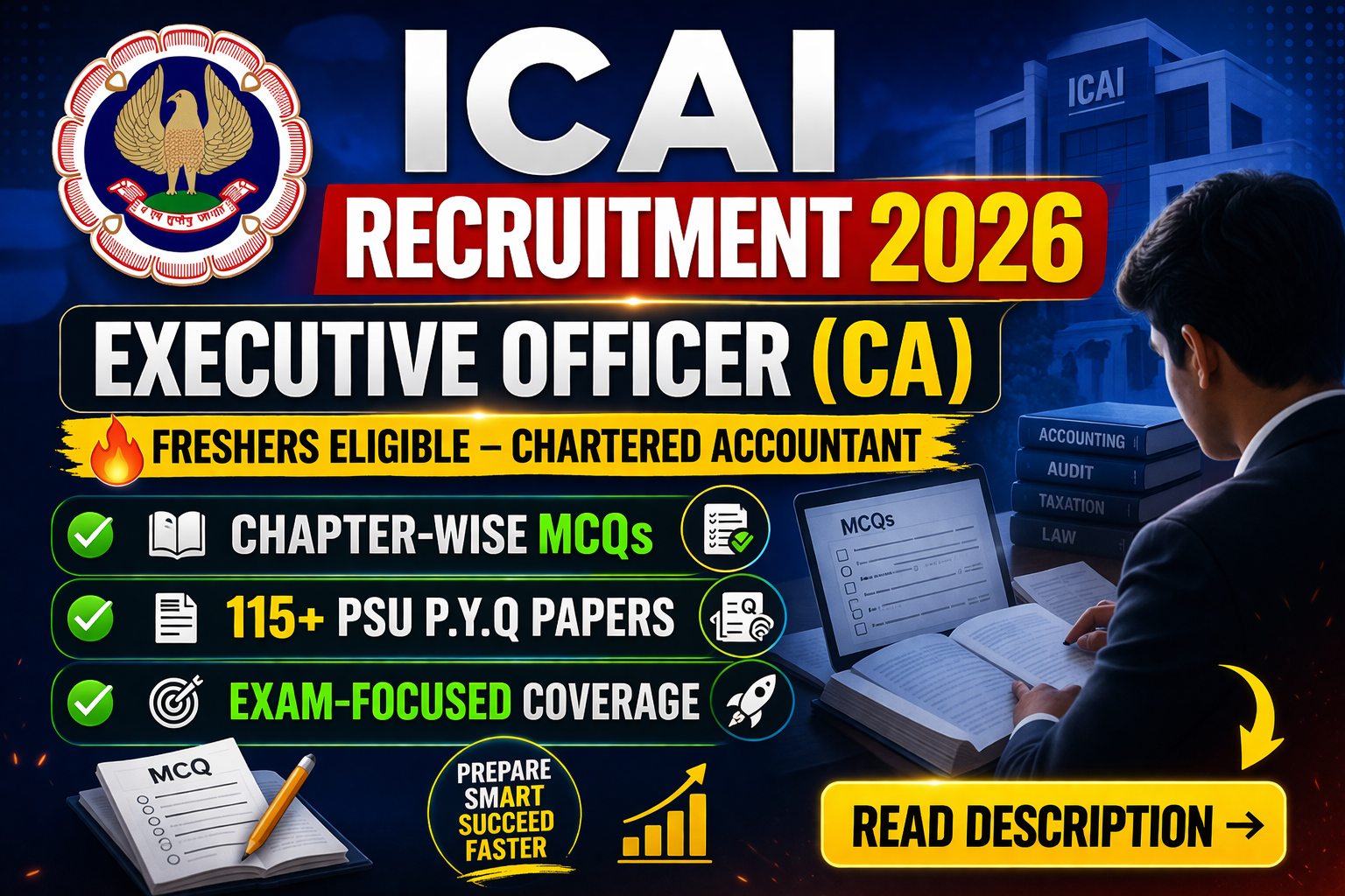 ICAI Executive Officer ​​​CA​​​​​​​ Recruitment 2026 Chapter Wise MCQ & PSU Previous Year Question Paper (e-book) 2026