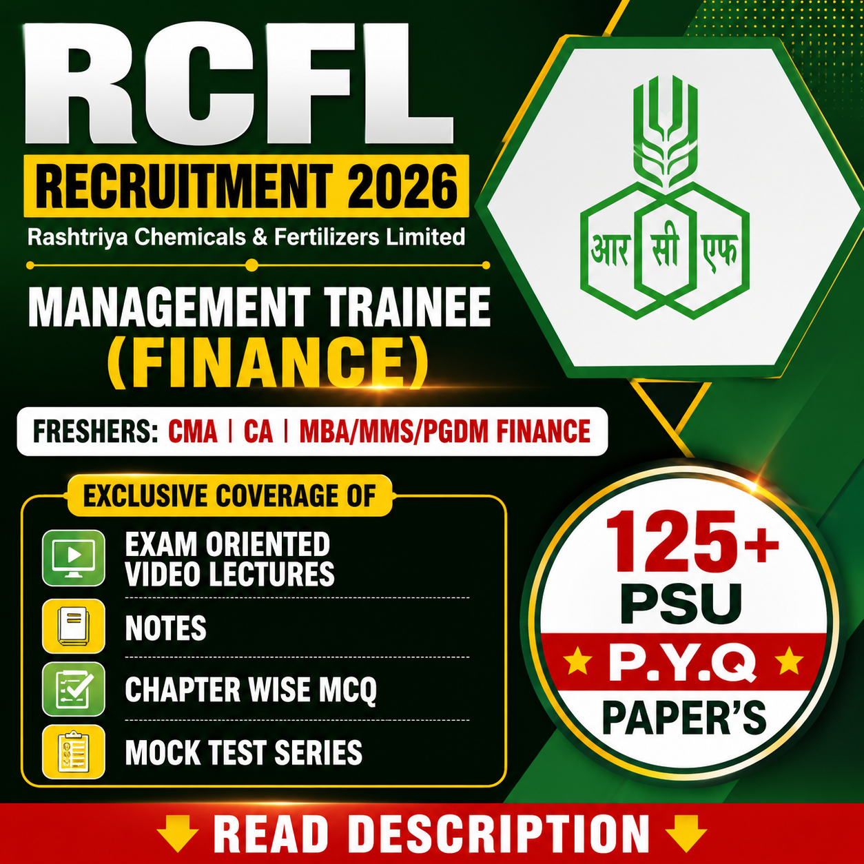 RCFL Management Trainee Finance Video Lectures, Chapter Wise MCQ, Notes, Mock Test & PSU Previous Year Question Paper (e-book) 2026