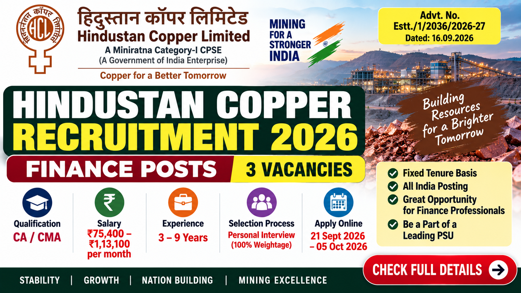 Hindustan Copper Recruitment 2026: Finance Vacancy | CA/CMA | Salary Up to ₹1.13 Lakh