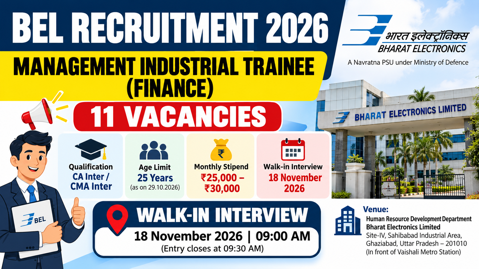 BEL Recruitment 2026: 11 Finance Trainee Vacancies, Salary ₹30,000