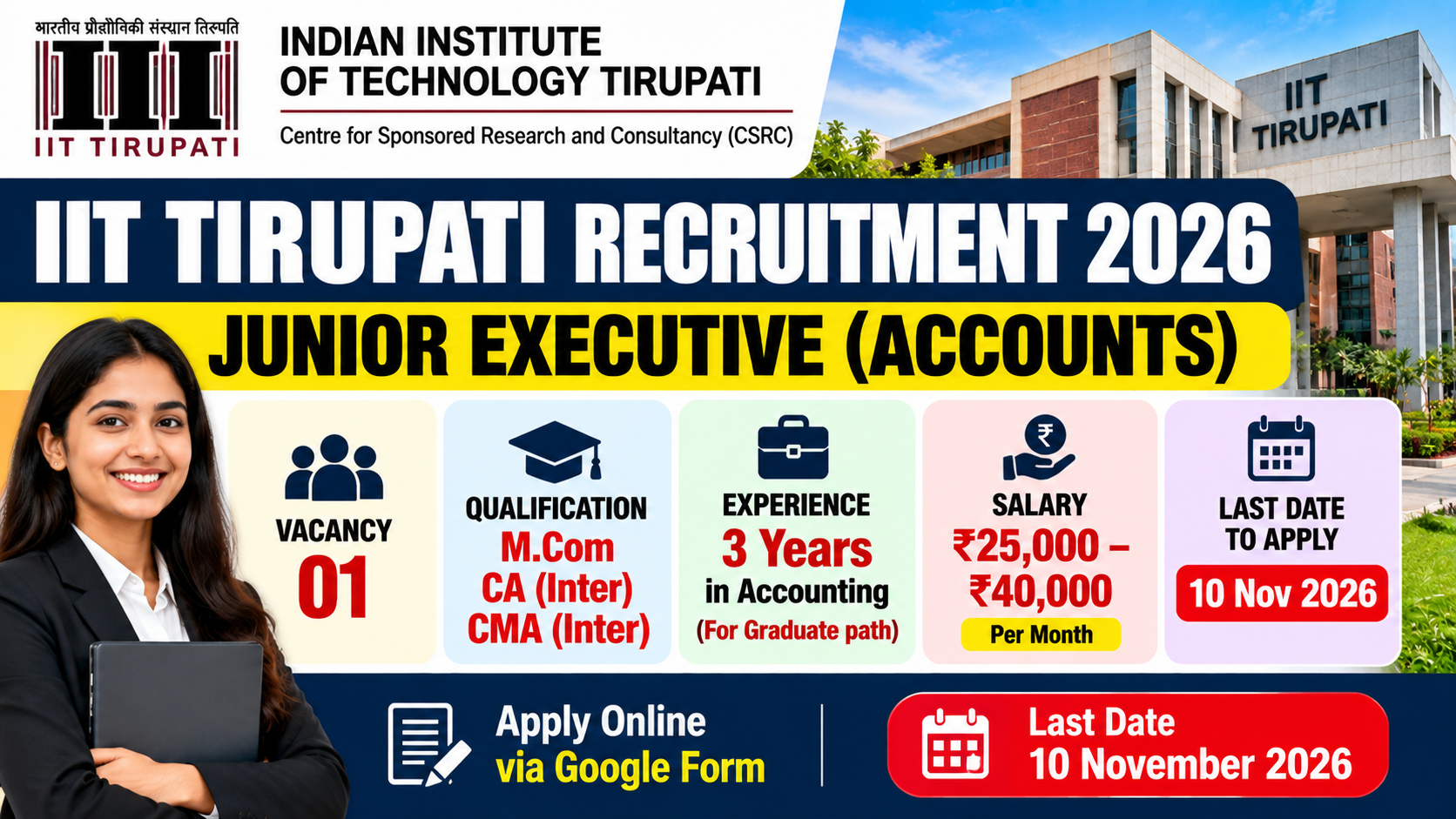 IIT Tirupati Recruitment 2026: Junior Executive Accounts, Salary ₹40,000