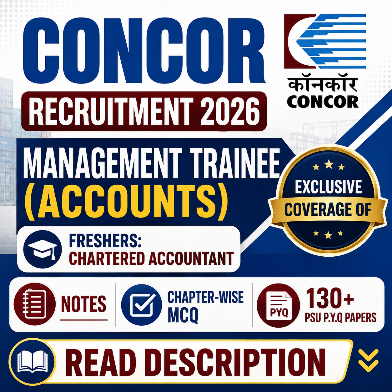 CONCOR Management Trainee (Accounts) Chapter Wise MCQ, Notes & PSU Previous Year Question Paper (e-book) 2026