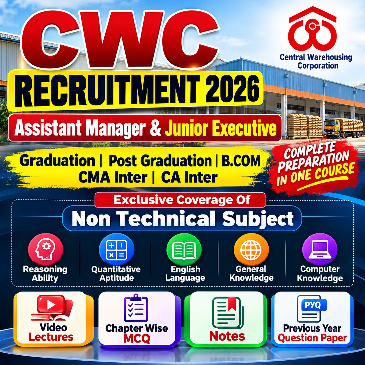 CWC Recruitment 2026 Non-Technical Complete Course | Assistant Manager & Junior Executive | Video Lectures, MCQs, Notes & PYQs
